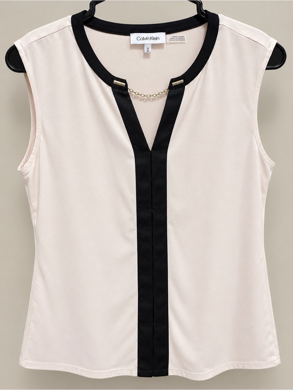 Calvin Klein  Rose Cream Sleeveless Blouse with Black Leather Trim
